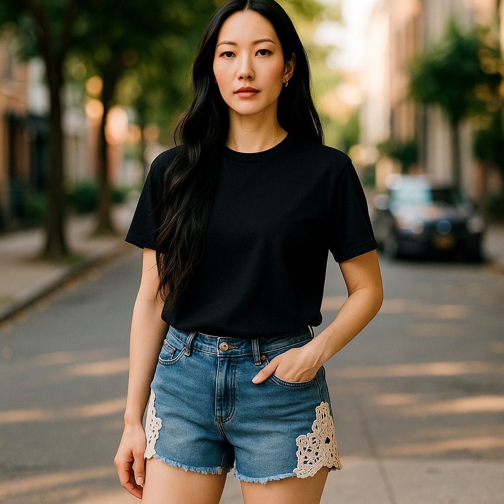 Blue Denim Shorts with Lace Trim